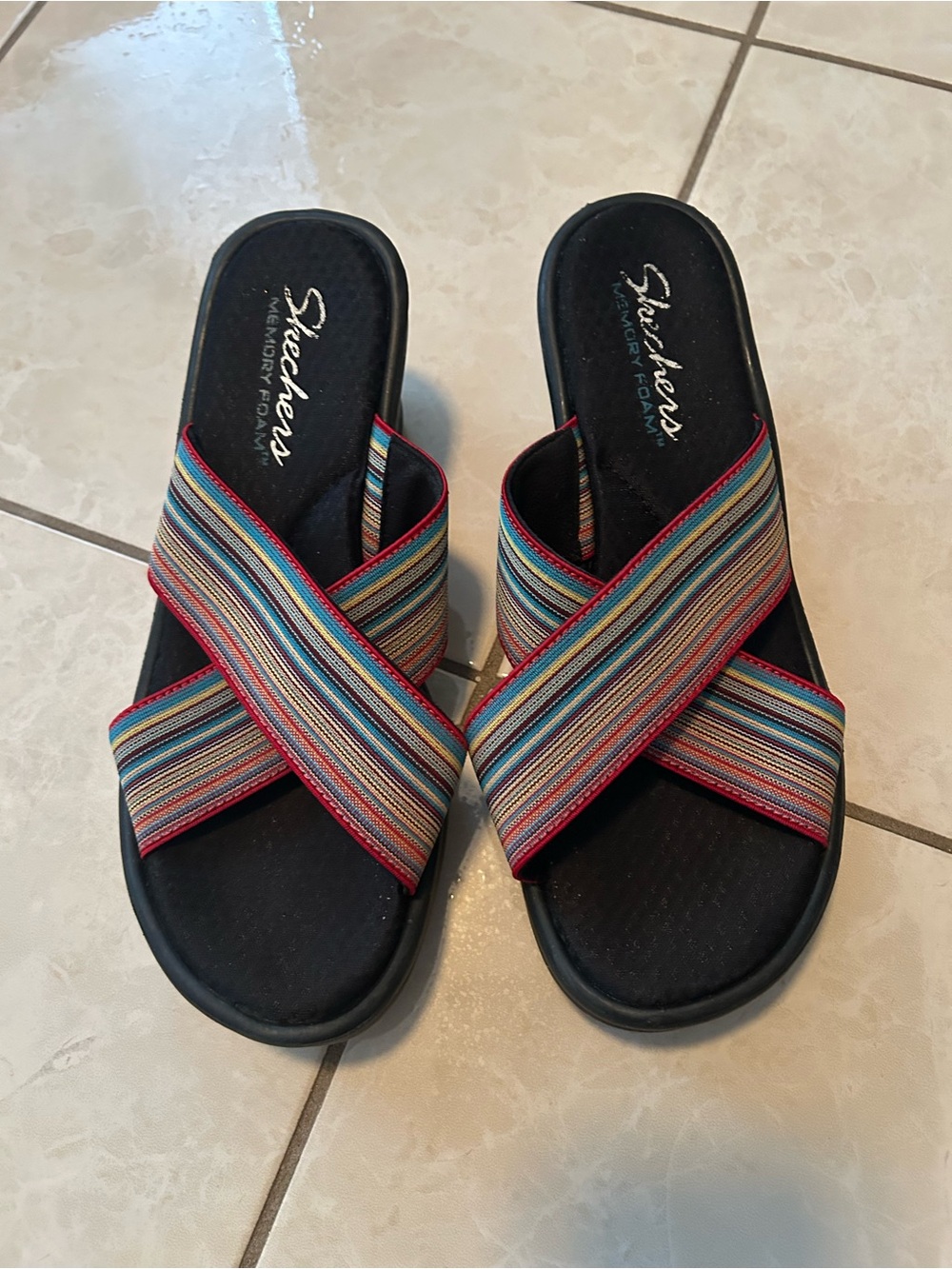 Skechers Black Slide Sandals with Multicolor Striped Crisscross Straps